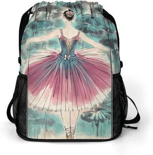 Sports Drawstring Backpack,Classical Ballet Elegant Ballerina String Swim Gym Bag with Shoes Compartment Gym Drawstring Bag