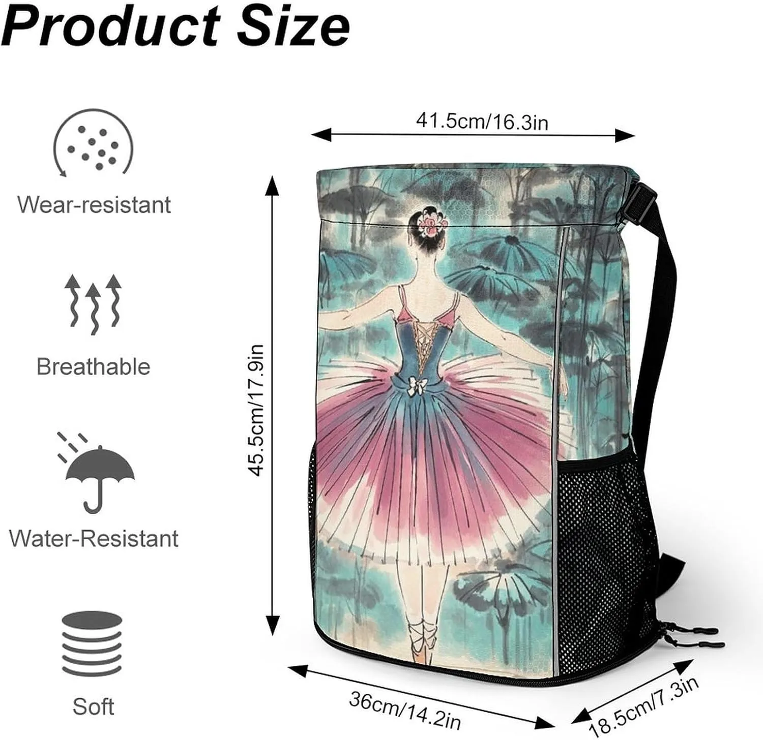 Sports Drawstring Backpack,Classical Ballet Elegant Ballerina String Swim Gym Bag with Shoes Compartment Gym Drawstring Bag