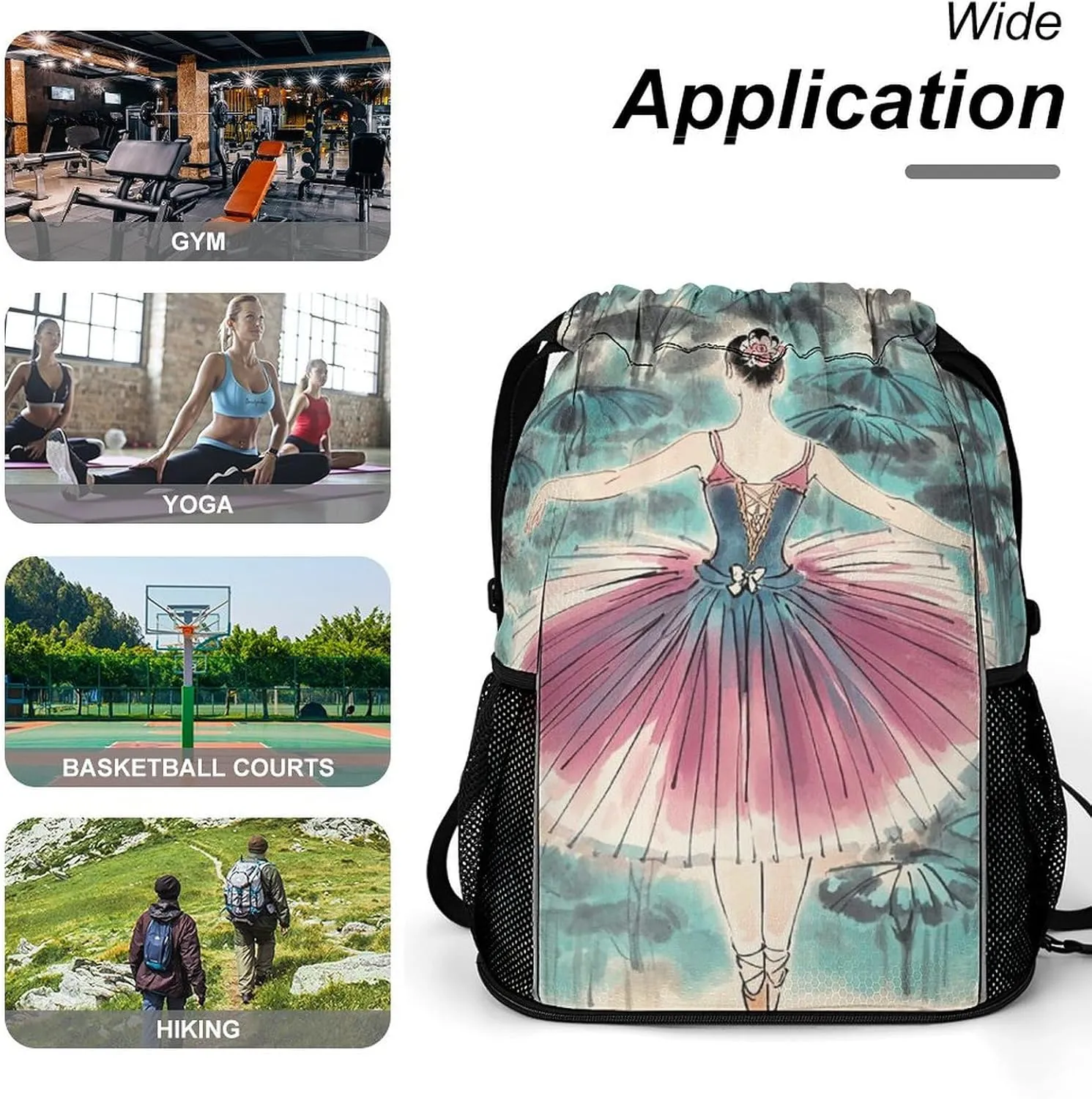 Sports Drawstring Backpack,Classical Ballet Elegant Ballerina String Swim Gym Bag with Shoes Compartment Gym Drawstring Bag