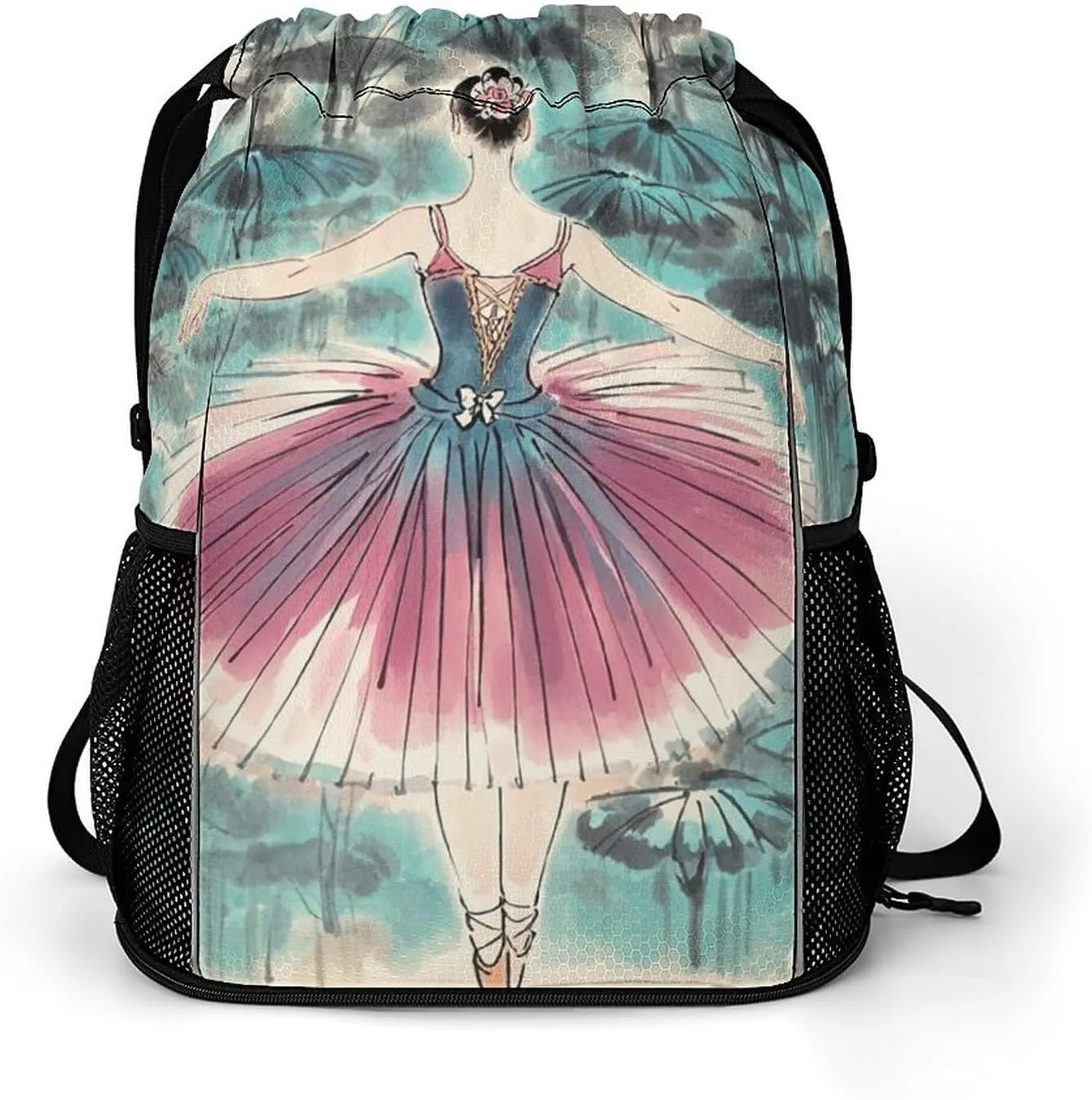 Sports Drawstring Backpack,Classical Ballet Elegant Ballerina String Swim Gym Bag with Shoes Compartment Gym Drawstring Bag