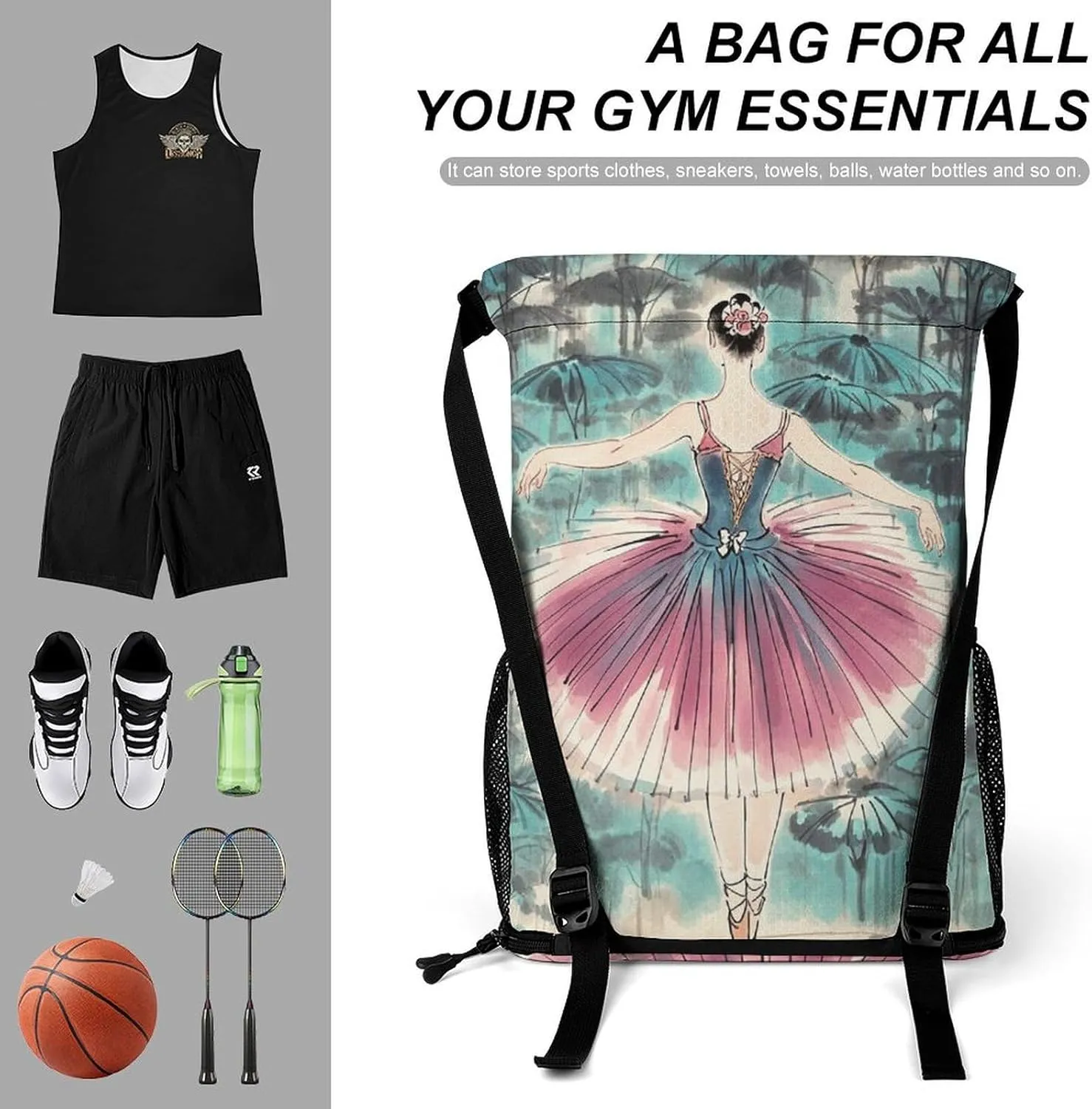 Sports Drawstring Backpack,Classical Ballet Elegant Ballerina String Swim Gym Bag with Shoes Compartment Gym Drawstring Bag