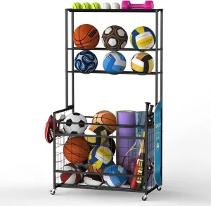 Sports Equipment Organizer Garage Ball Storage Rack for Sports Gear and Toys, Basketball Holder Stand with Basket and Hooks Rolling Ball Carts with Wheels for Indoor/Outdoor Use, Black