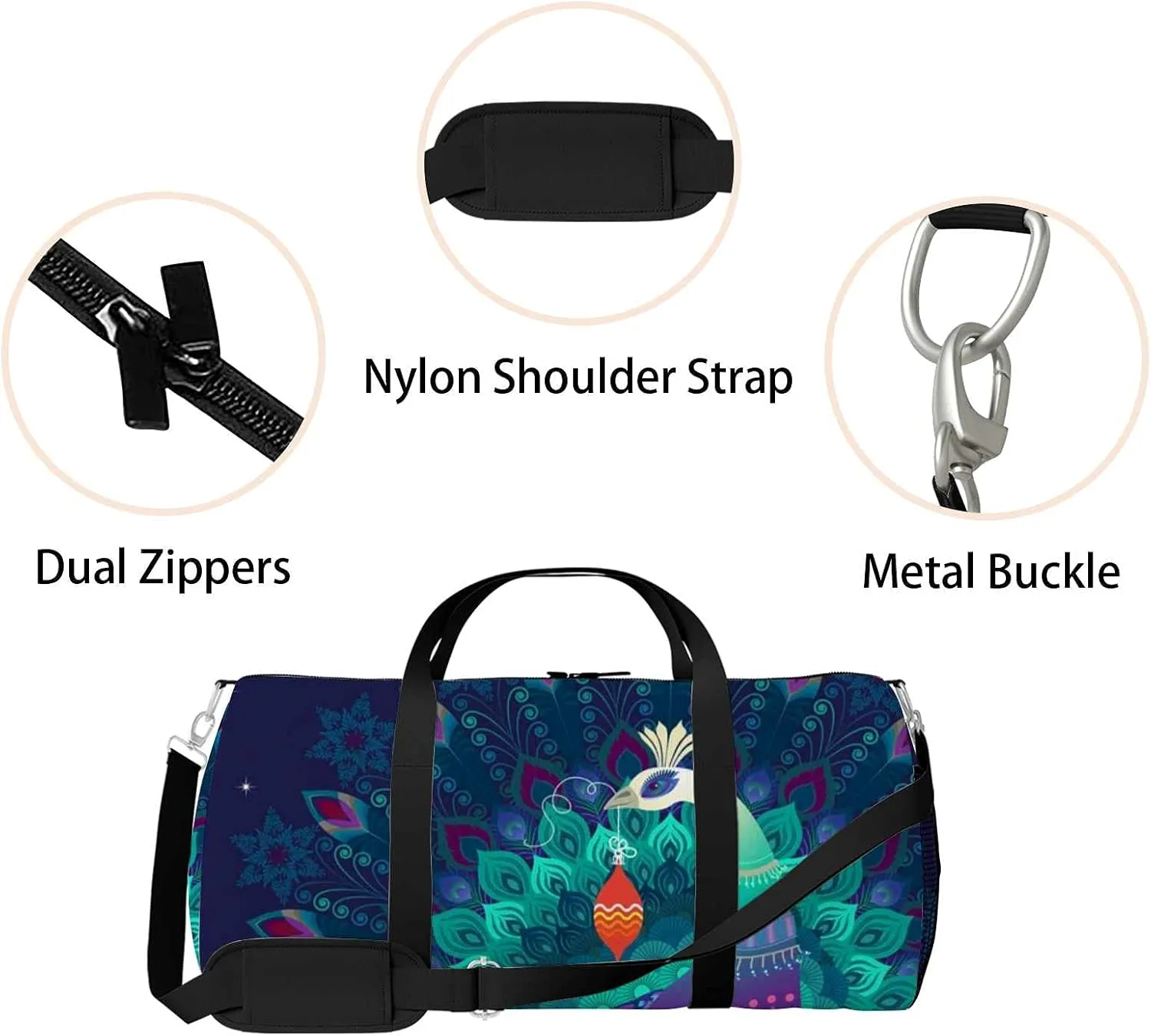 Sports Gym Bag for Women and Men Waterproof Beautiful Colorful Peacock Bird Duffel Bag Lightweight Carryon Traveling Boarding Gripsack
