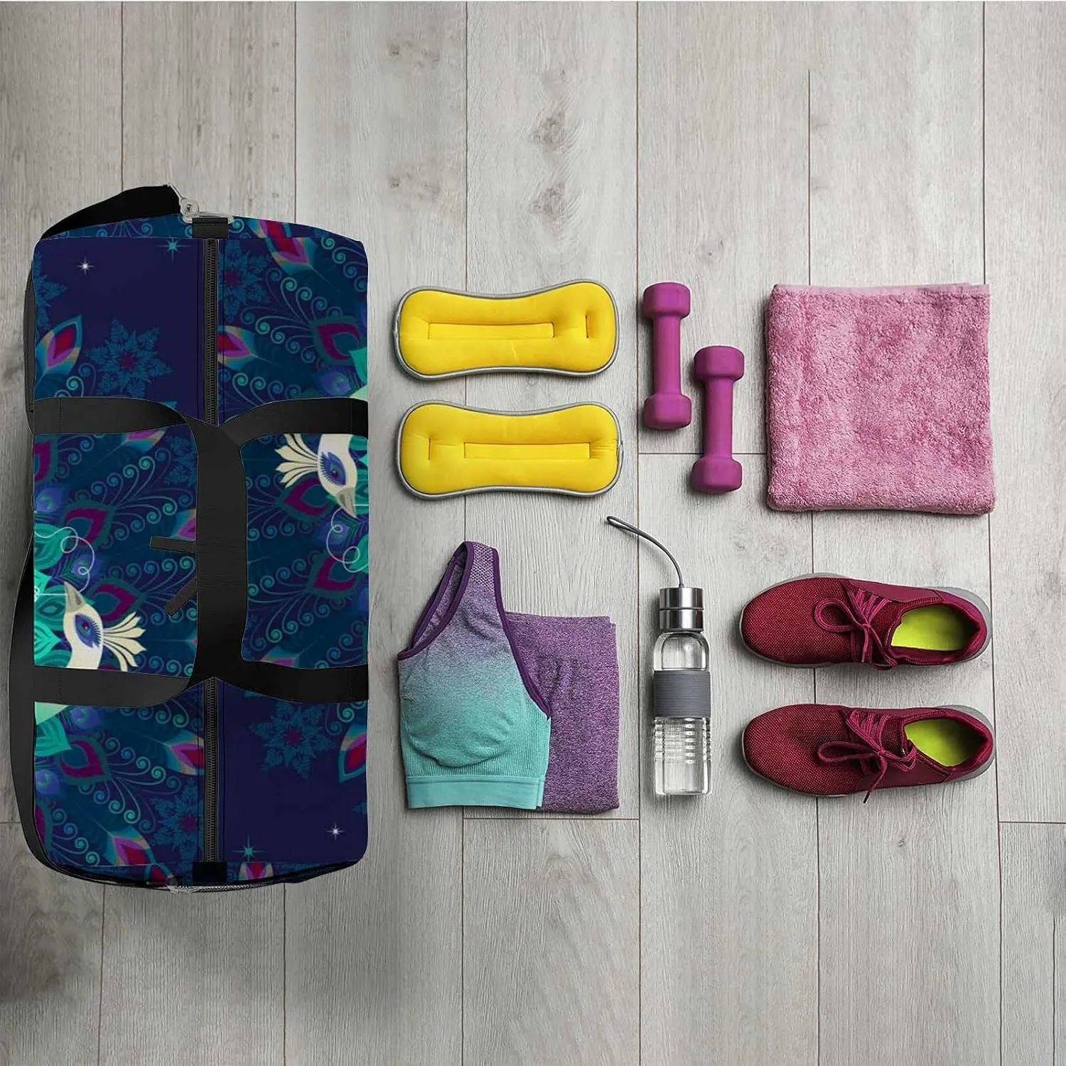 Sports Gym Bag for Women and Men Waterproof Beautiful Colorful Peacock Bird Duffel Bag Lightweight Carryon Traveling Boarding Gripsack