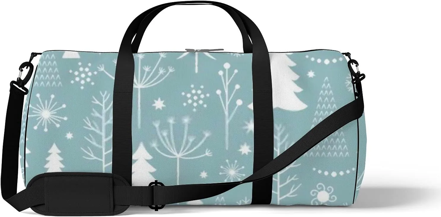 Sports Gym Bag for Women and Men Waterproof Christmas Pattern Blue White Duffel Bag Lightweight Carryon Traveling Boarding Gripsack