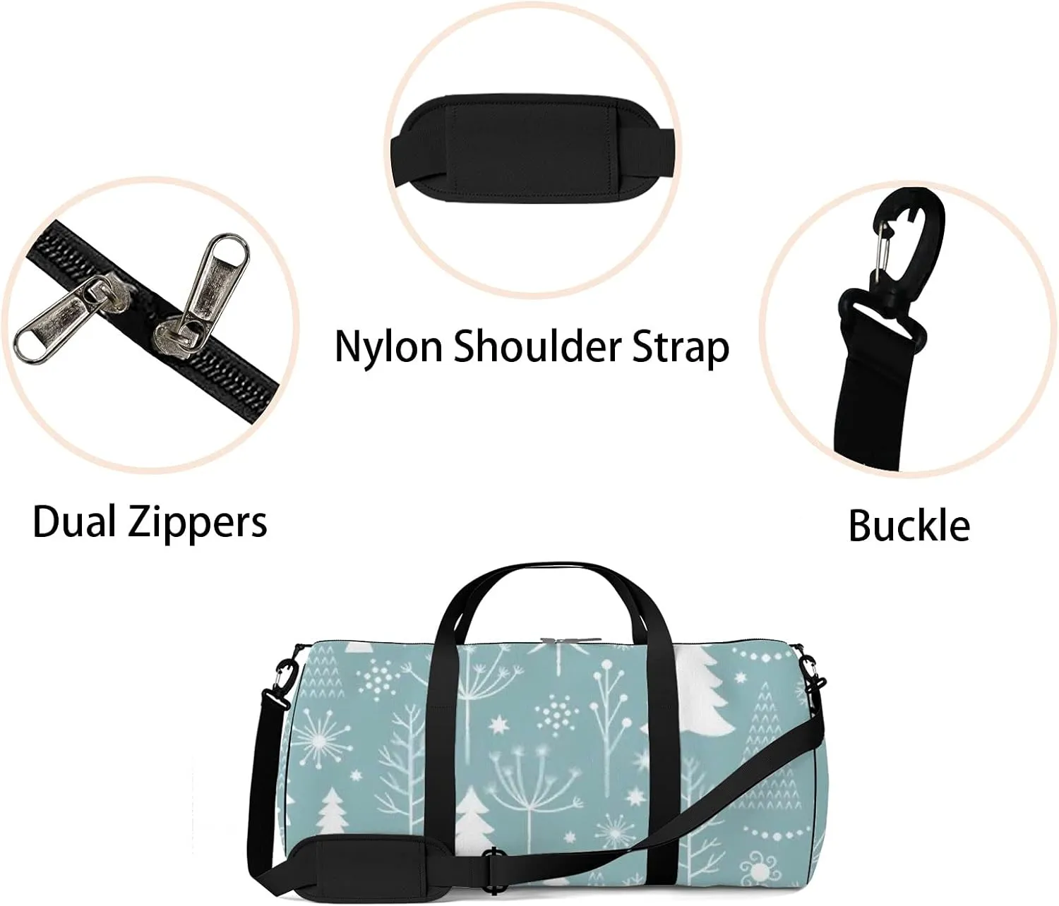 Sports Gym Bag for Women and Men Waterproof Christmas Pattern Blue White Duffel Bag Lightweight Carryon Traveling Boarding Gripsack