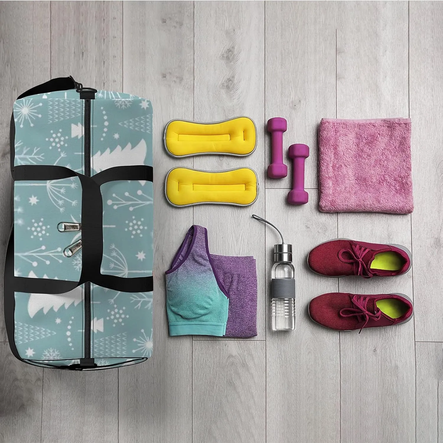 Sports Gym Bag for Women and Men Waterproof Christmas Pattern Blue White Duffel Bag Lightweight Carryon Traveling Boarding Gripsack