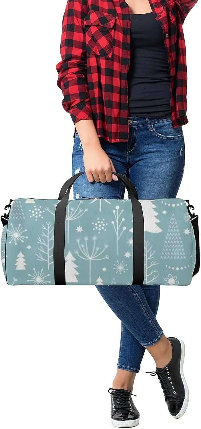 Sports Gym Bag for Women and Men Waterproof Christmas Pattern Blue White Duffel Bag Lightweight Carryon Traveling Boarding Gripsack