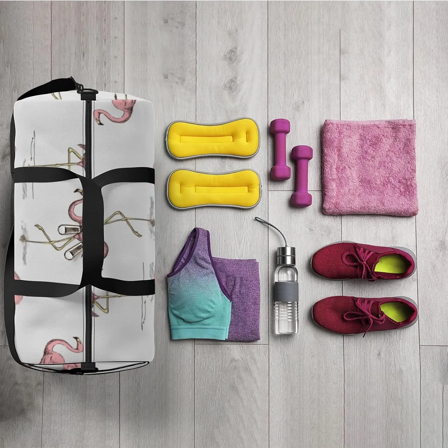 Sports Gym Bag for Women and Men Waterproof Tropical Pink Flamingo White Color Hand Drawn Sketch Duffel Bag Lightweight Carryon Traveling Boarding Gripsack