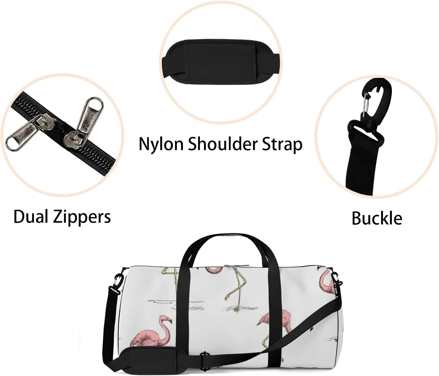 Sports Gym Bag for Women and Men Waterproof Tropical Pink Flamingo White Color Hand Drawn Sketch Duffel Bag Lightweight Carryon Traveling Boarding Gripsack