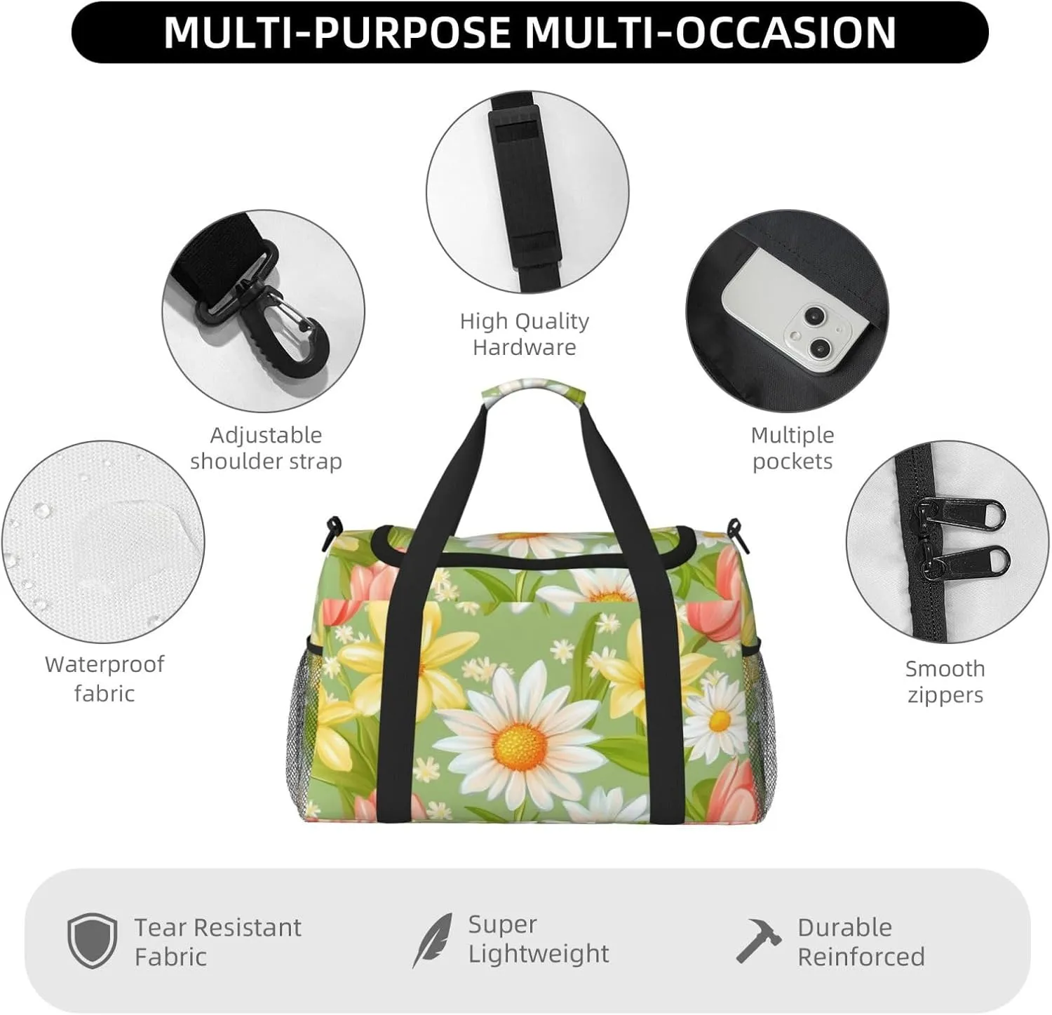 Spring Flowers Daisy Duffle Bag Foldable Travel Tote Bag Carry On Large Weekender Overnight Bags Waterproof Gym Bag For Women Men