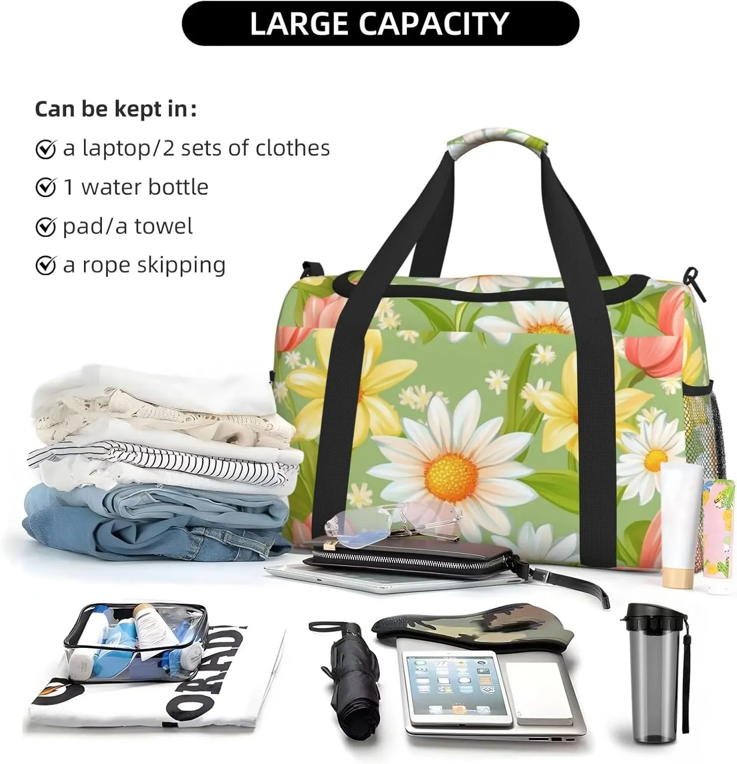 Spring Flowers Daisy Duffle Bag Foldable Travel Tote Bag Carry On Large Weekender Overnight Bags Waterproof Gym Bag For Women Men