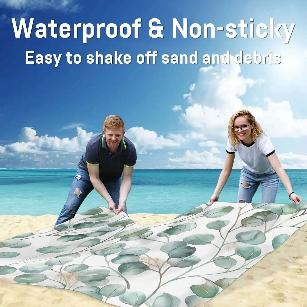 Spring Summer Beach Blanket, Sandproof Beach Mat, Adults Waterproof Quick Drying Sand Free Mat with 4 x Ground Spikes for Outdoor Travel Camping Hiking, Eucalyptus Floral
