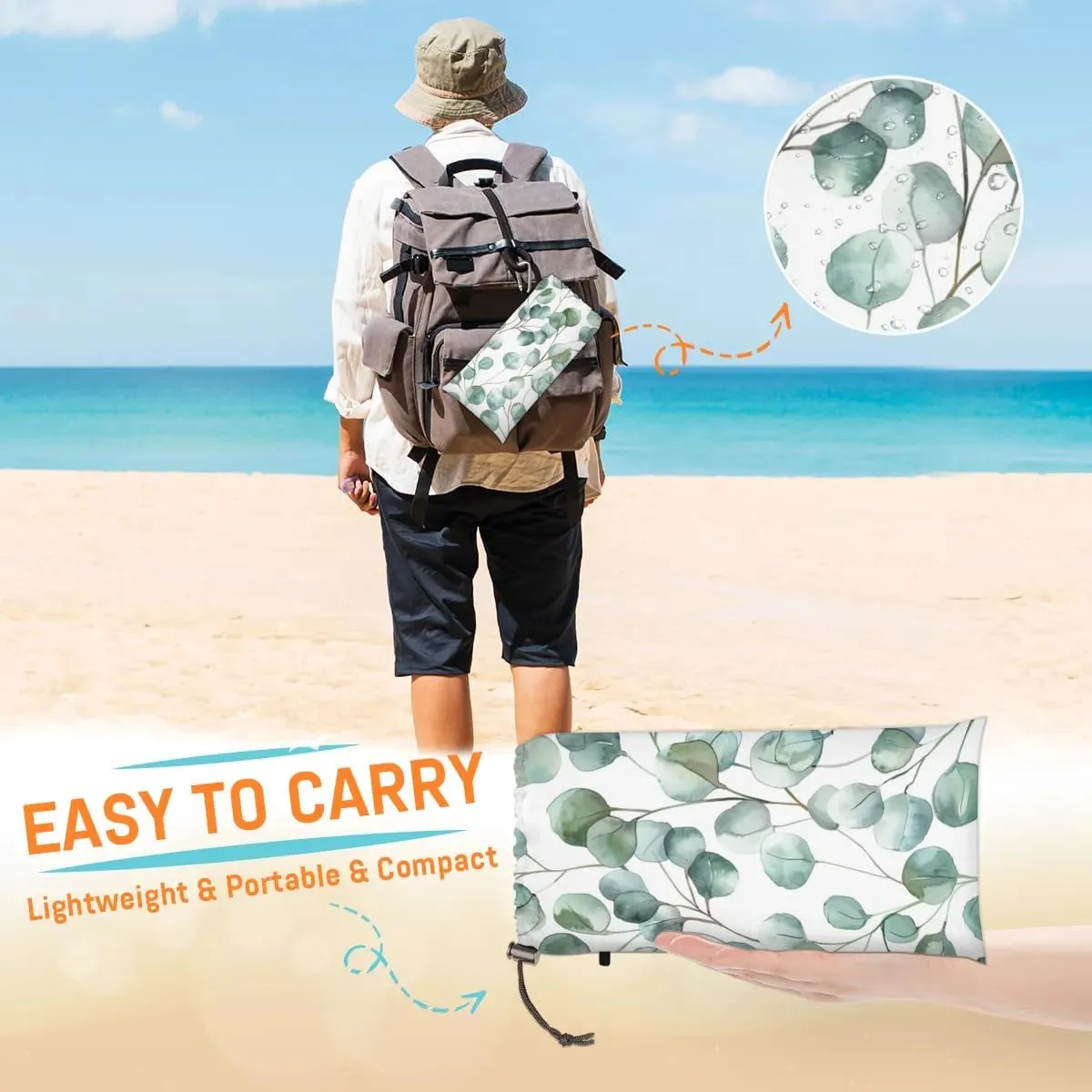 Spring Summer Beach Blanket, Sandproof Beach Mat, Adults Waterproof Quick Drying Sand Free Mat with 4 x Ground Spikes for Outdoor Travel Camping Hiking, Eucalyptus Floral