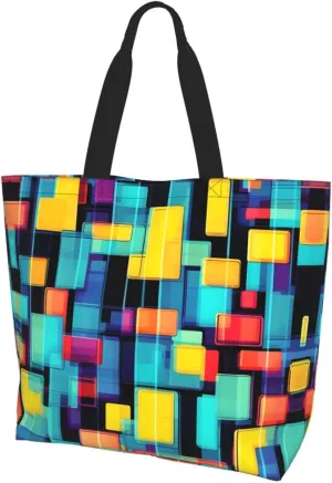 Square geometry diagram Large one-shoulder shopping bag, women's one-shoulder casual handbag, reusable multi-purpose shopping bag