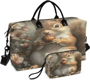 Squirrel Acorn Flowers Beige Sports Gym Bag for Women Men Travel Duffel Bag Weekend Overnight Carry on Bag with Toiletry Bag Training Handbag for Hospital Plane Swimming Yoga Workout