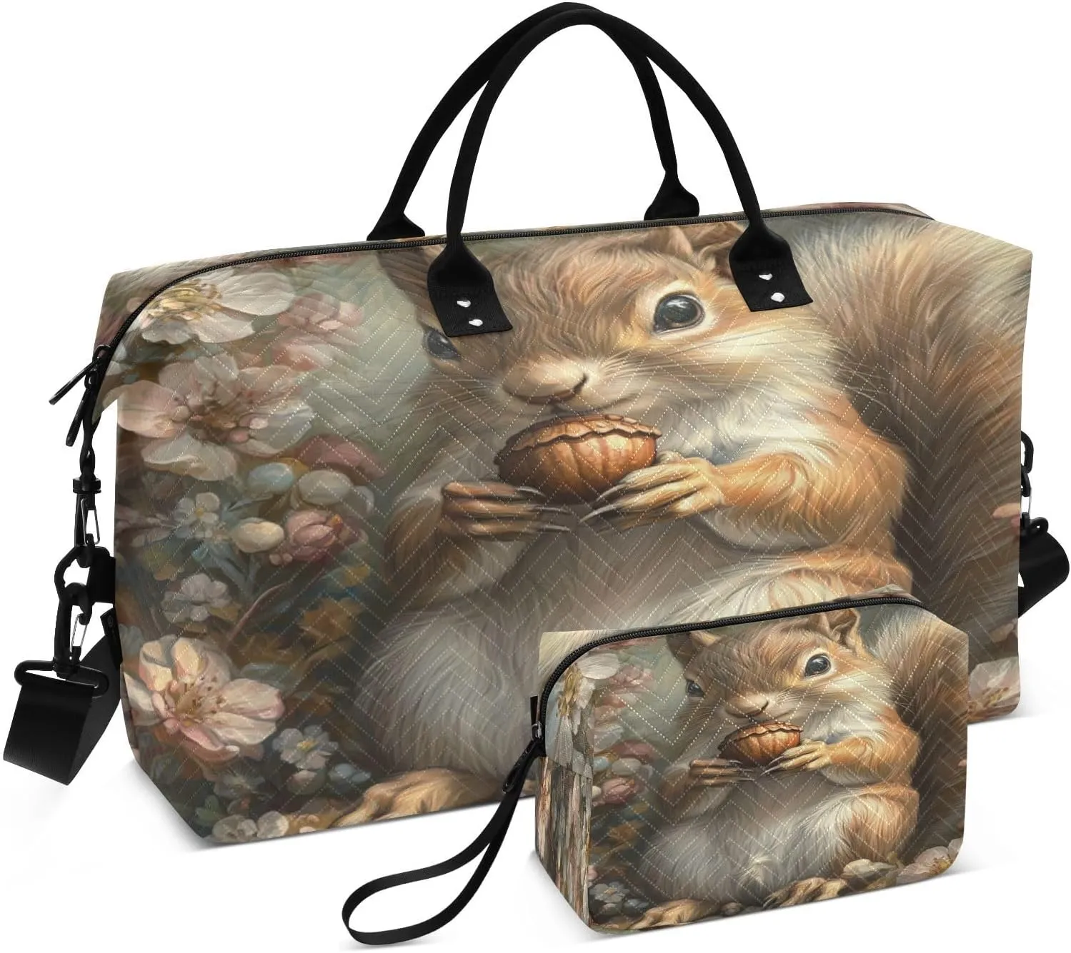 Squirrel Acorn Flowers Beige Sports Gym Bag for Women Men Travel Duffel Bag Weekend Overnight Carry on Bag with Toiletry Bag Training Handbag for Hospital Plane Swimming Yoga Workout