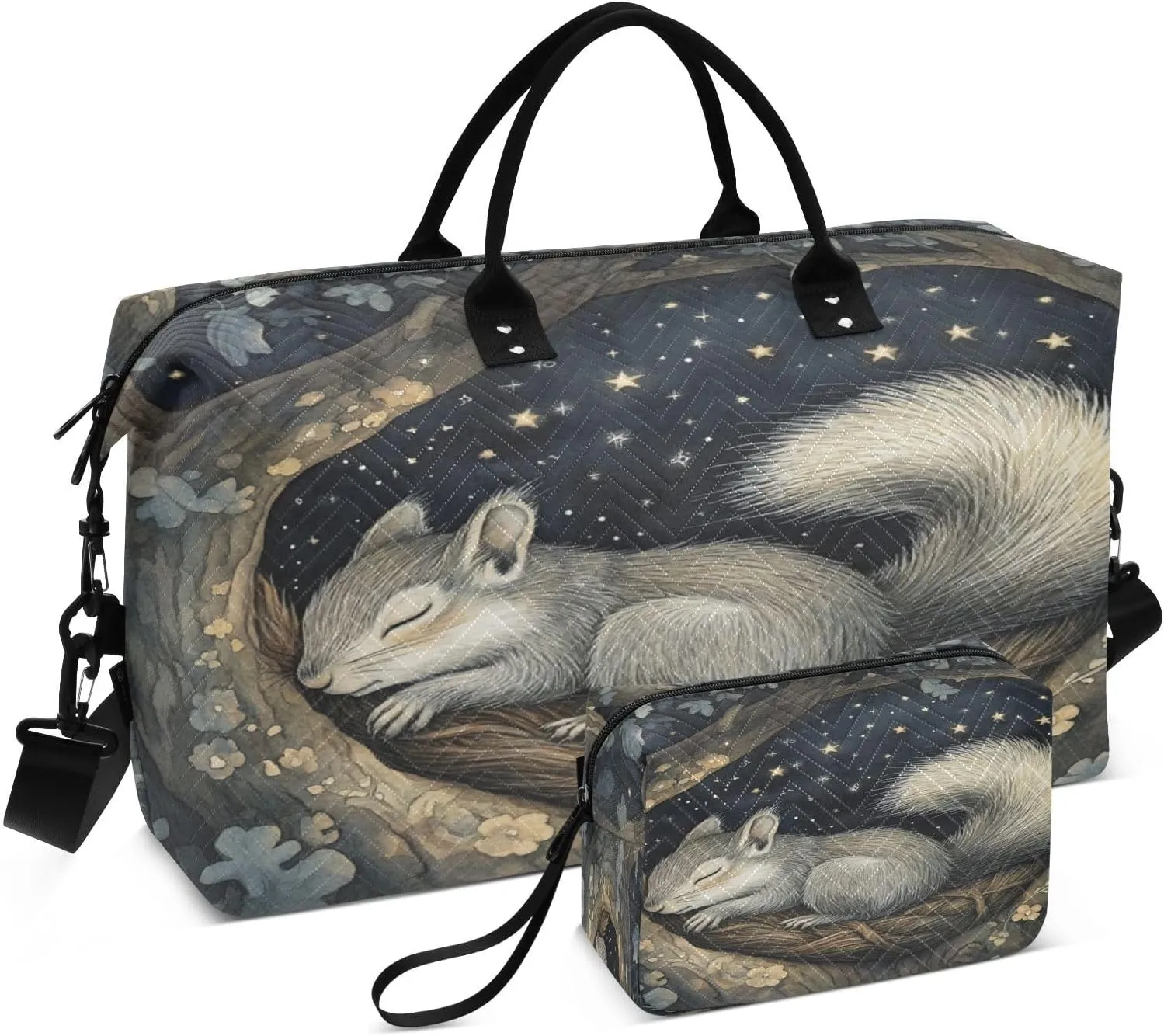 Squirrel Starry Night Sports Gym Bag for Women Men Travel Duffel Bag Weekend Overnight Carry on Bag with Toiletry Bag Air Travel Bag for Plane Hospital Workout Swimming Yoga