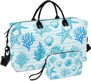 Starfish Coral Seashell Wavy Sports Gym Bag for Women Men Travel Duffel Bag Weekend Overnight Carry on Bag with Toiletry Bag Training Handbag for Swimming Yoga Workout Plane Hospital