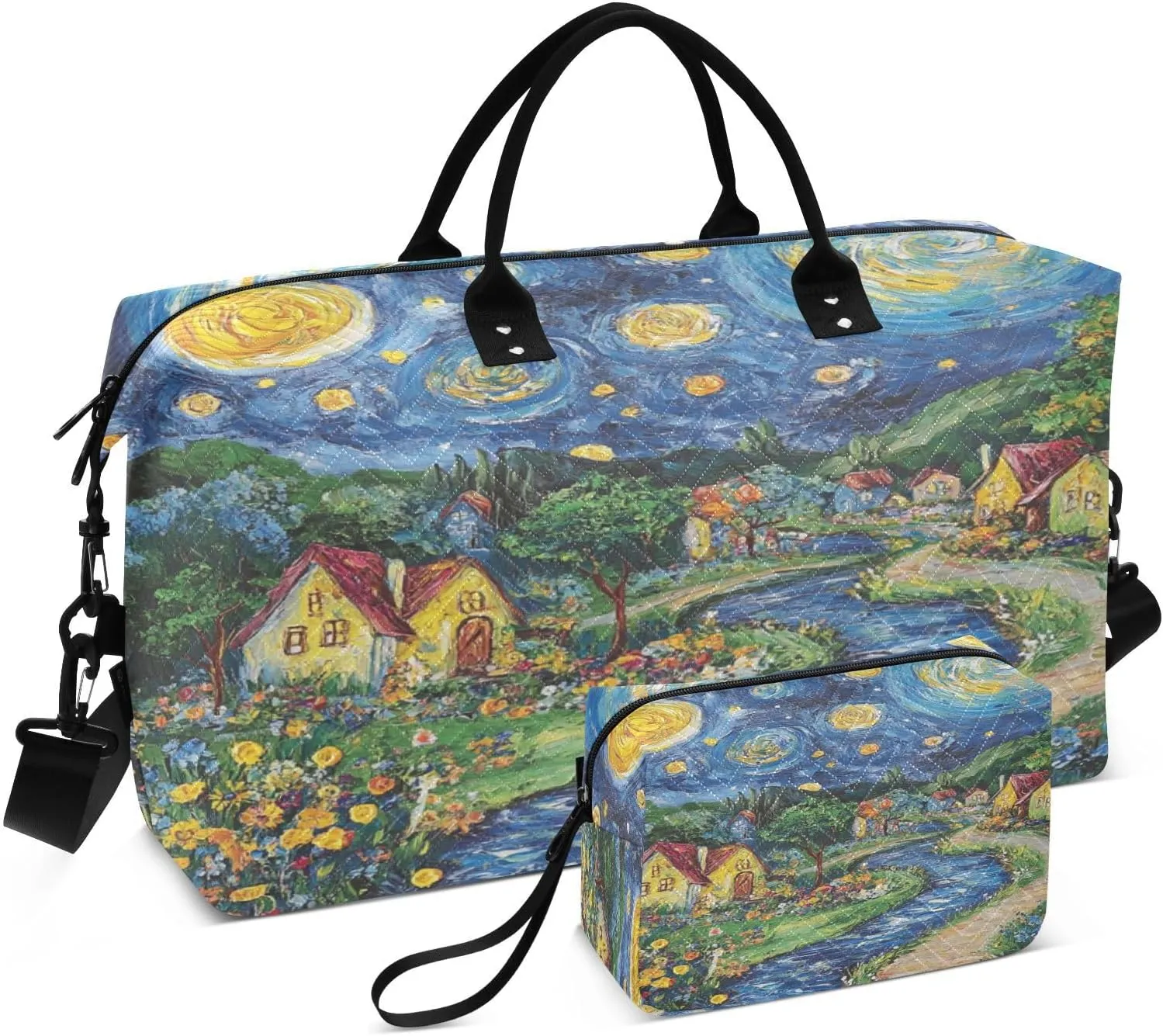 Starry Village River Sports Gym Bag for Women Men Travel Duffel Bag Weekend Overnight Carry on Bag with Toiletry Bag Workout Dance Bag for Plane Hospital Swimming Yoga Workout