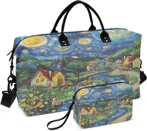 Starry Village River Sports Gym Bag for Women Men Travel Duffel Bag Weekend Overnight Carry on Bag with Toiletry Bag Workout Dance Bag for Plane Hospital Swimming Yoga Workout