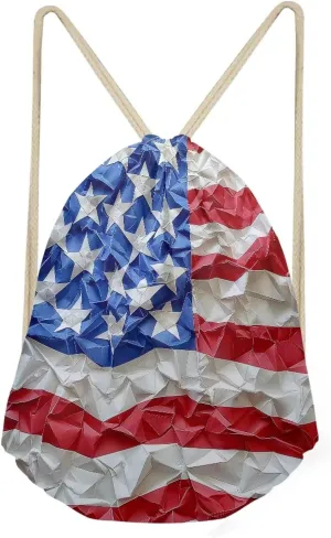 Stars Stripes Flag Drawstring Bag Beach Backpack Casual Gym Sackpack for Girls Boys Lightweight Yoga Sport Foldable Bag American Flag