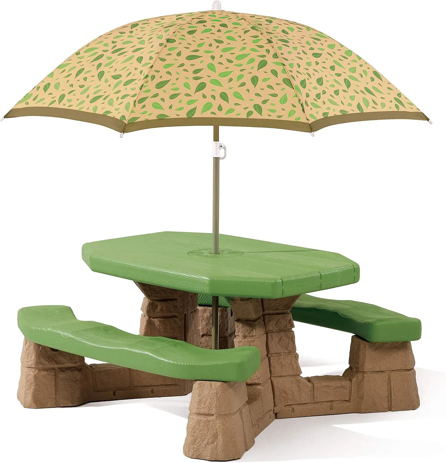Step2 Naturally Playful Kids Picnic Table with Removeable Umbrella, Indoor/Outdoor Toys, Fits 6 Children, Made of Durable Plastic, For Toddlers 3  Years Old, Green & Leaves