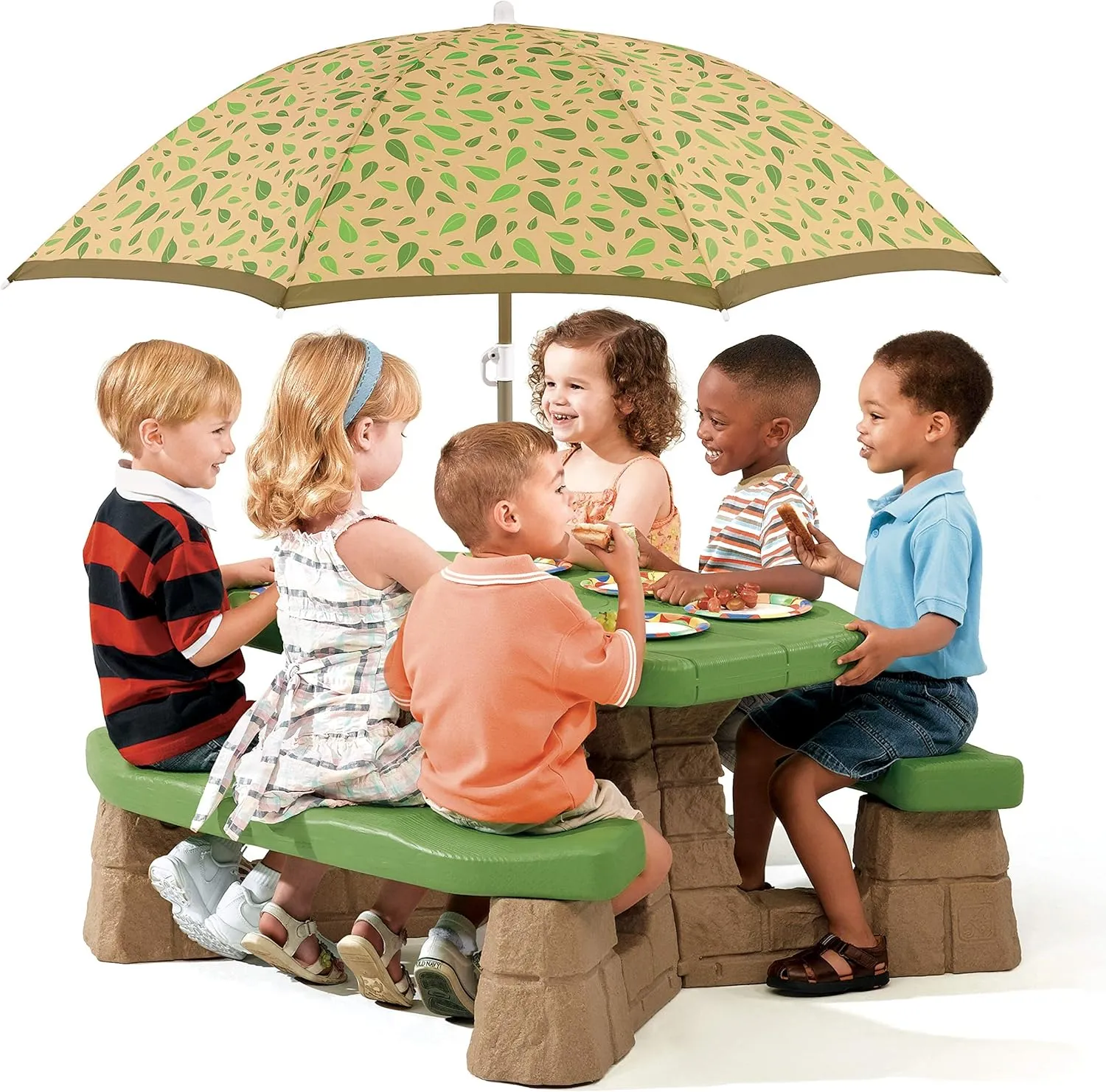 Step2 Naturally Playful Kids Picnic Table with Removeable Umbrella, Indoor/Outdoor Toys, Fits 6 Children, Made of Durable Plastic, For Toddlers 3  Years Old, Green & Leaves