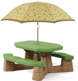 Step2 Naturally Playful Kids Picnic Table with Removeable Umbrella, Indoor/Outdoor Toys, Fits 6 Children, Made of Durable Plastic, For Toddlers 3  Years Old, Green & Leaves