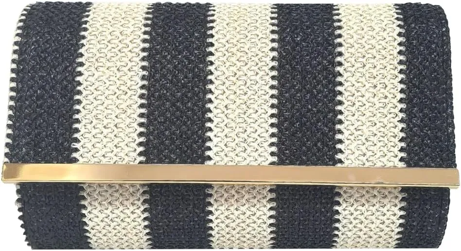 Straw Clutch Purse for Women Color-block Striped Woven Evening Bag Summer Beach Envelope Purse Crossbody Shoulder Bag