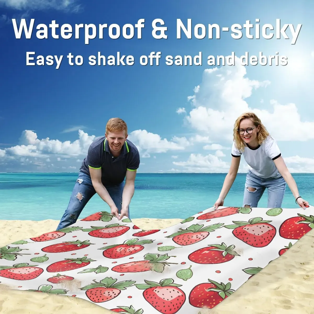 Strawberry Beach Blanket, Sandproof Beach Mat, 68 x 59 Waterproof Quick Drying Sand Free Mat with 4 x Ground Spikes for Outdoor Travel Camping Hiking, Red Strawberry