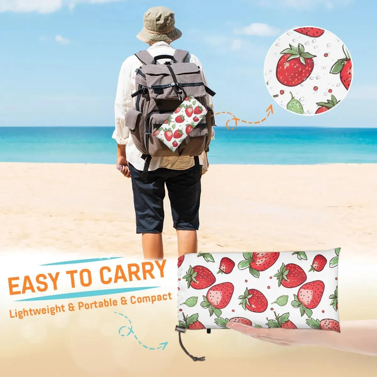 Strawberry Beach Blanket, Sandproof Beach Mat, 68 x 59 Waterproof Quick Drying Sand Free Mat with 4 x Ground Spikes for Outdoor Travel Camping Hiking, Red Strawberry