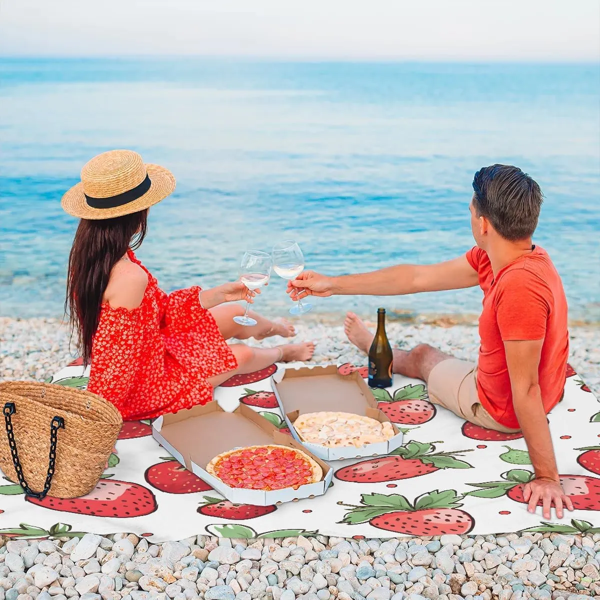 Strawberry Beach Blanket, Sandproof Beach Mat, 68 x 59 Waterproof Quick Drying Sand Free Mat with 4 x Ground Spikes for Outdoor Travel Camping Hiking, Red Strawberry