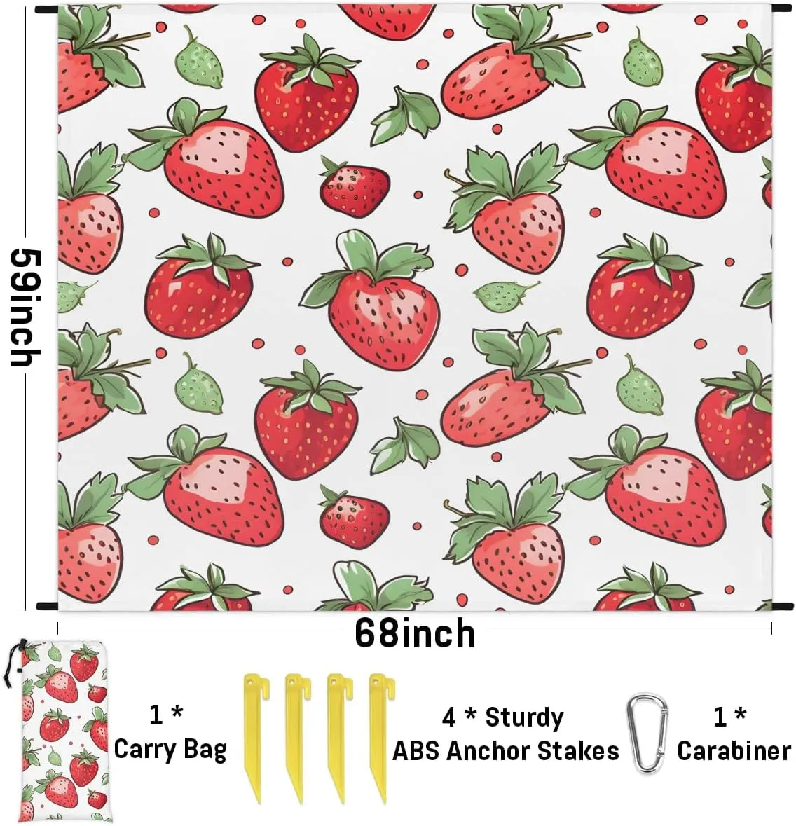 Strawberry Beach Blanket, Sandproof Beach Mat, 68 x 59 Waterproof Quick Drying Sand Free Mat with 4 x Ground Spikes for Outdoor Travel Camping Hiking, Red Strawberry