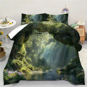 Stream Comforter Set King, The River Running Through A Forest with Mossy Trees Landscape Theme Bedding Quilt Set Bedroom Collection, 1 Comforter   2 Pillow Cases(Stream, King)