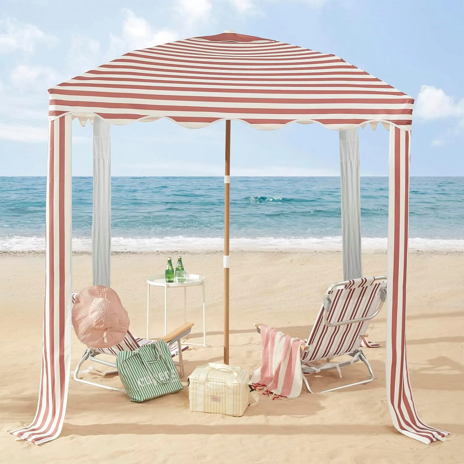 Striped Beach Cabana, 6.5FT × 6.5FT UPF 50  Sun Shelter with Silver Coating, Easy Setup & Portable Beach Canopy with Vent, Wind Resistant with Sand Pockets (Garnet)