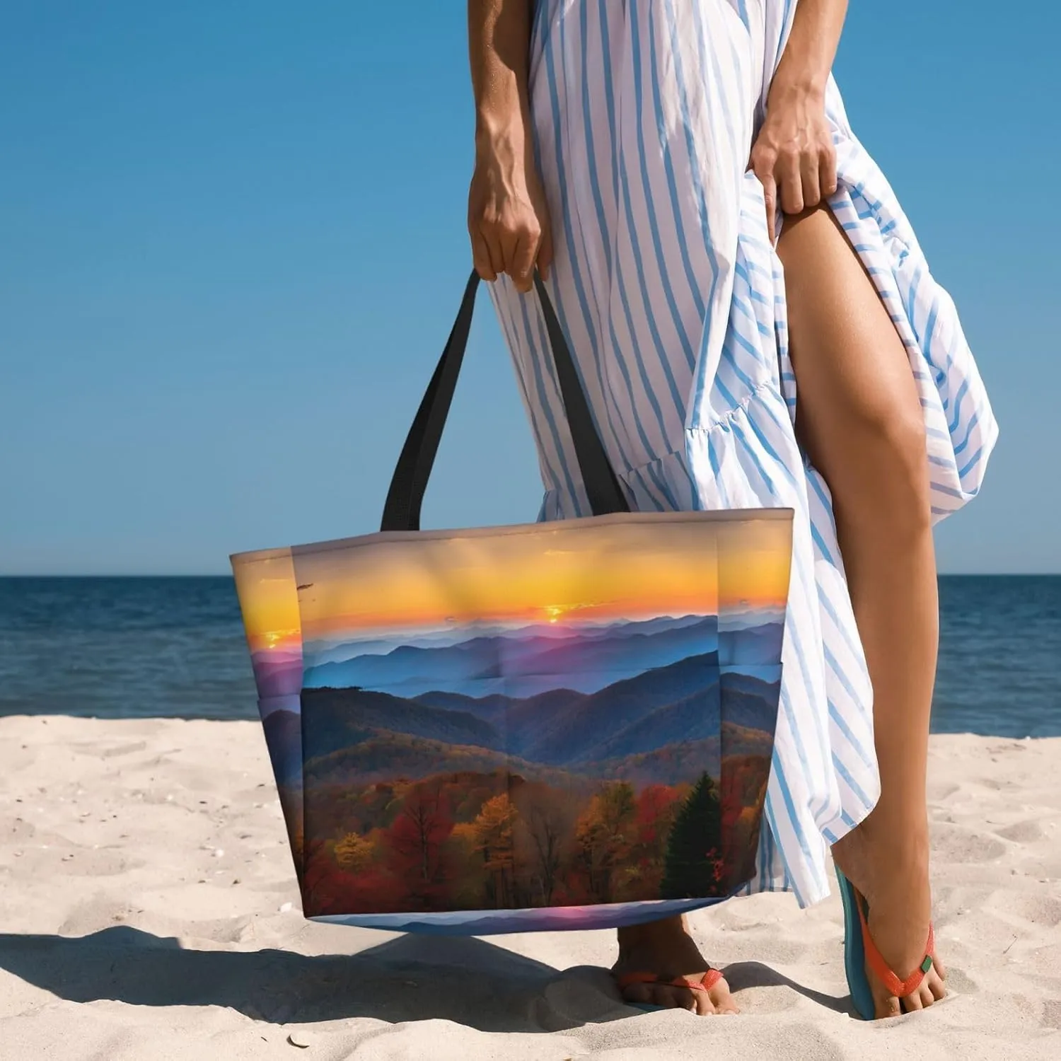 Stylish Blue Ridge Parkway Moun Large Capacity Beach Tote Bag For Women, Travel Pool Shoulder Bag With Zipper