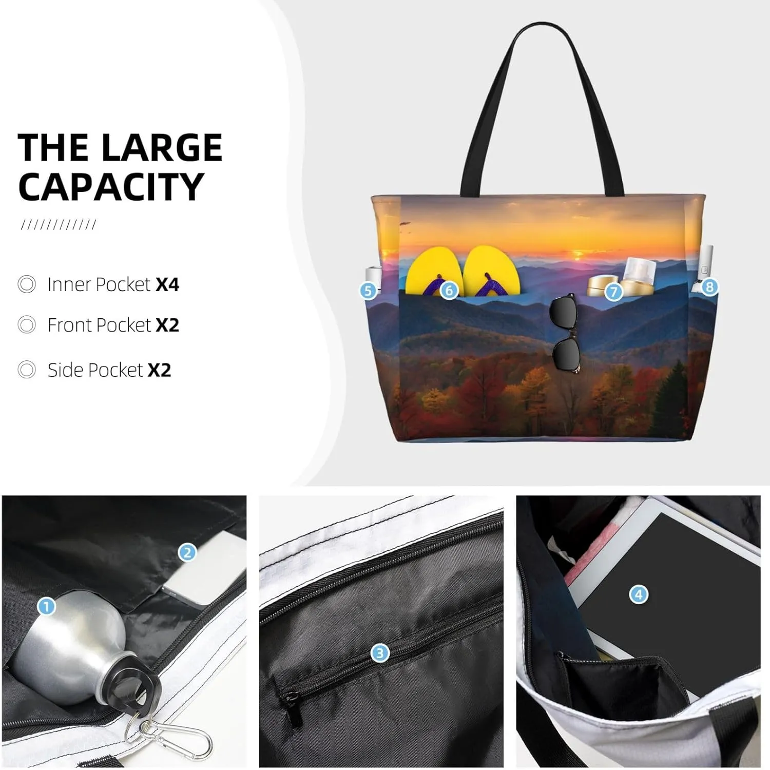 Stylish Blue Ridge Parkway Moun Large Capacity Beach Tote Bag For Women, Travel Pool Shoulder Bag With Zipper