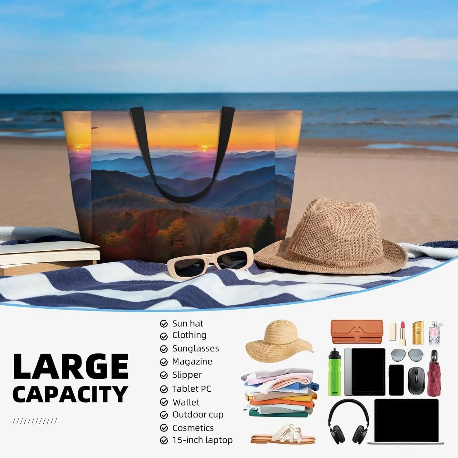 Stylish Blue Ridge Parkway Moun Large Capacity Beach Tote Bag For Women, Travel Pool Shoulder Bag With Zipper