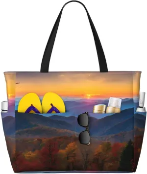 Stylish Blue Ridge Parkway Moun Large Capacity Beach Tote Bag For Women, Travel Pool Shoulder Bag With Zipper