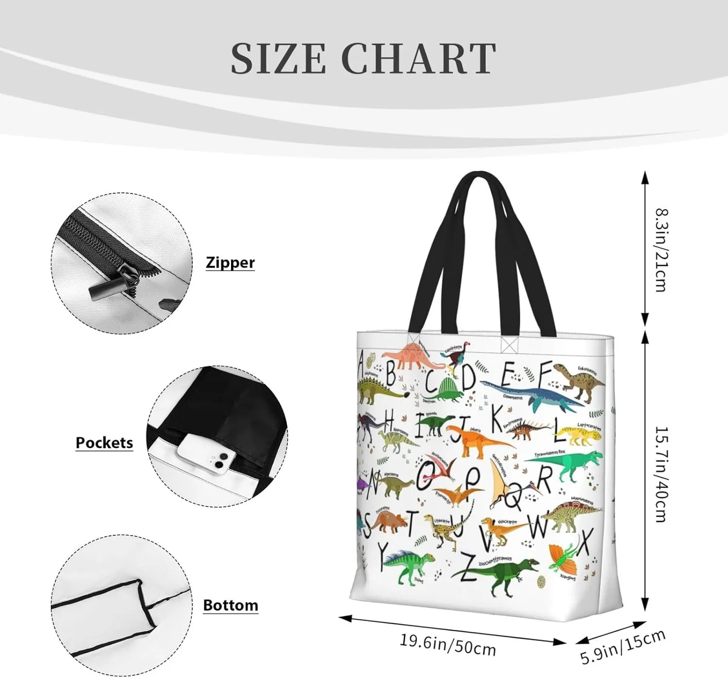 Stylish Learning Alphabets With Dinosaurs Duty Reusable Shopping One-Shoulder Bags â€“ Large Tote Bags Are Foldable