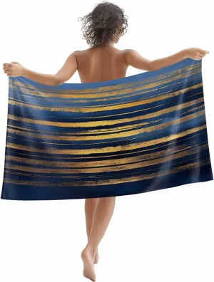 Summer Blue Gold Microfiber Sandproof Beach Towel for Pool Swimming, Modern Coastal Ocean Wave Quick Dry Absorbent Soft Towels for Bath Camping Travel, Lightweight Breathable 30"x60"