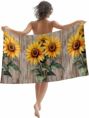 Summer Sunflower Microfiber Sandproof Beach Towel for Pool Swimming, Vintage Wood Floral Botanical Rustic Quick Dry Absorbent Soft Towels for Bath Camping Travel, Lightweight Breathable 30"x60"