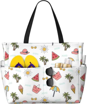 Summer Vacation Topic Large Beach Tote Bags for Womens Mens Sandproof Swim Pool Bag with Zipper for Travel Vacation