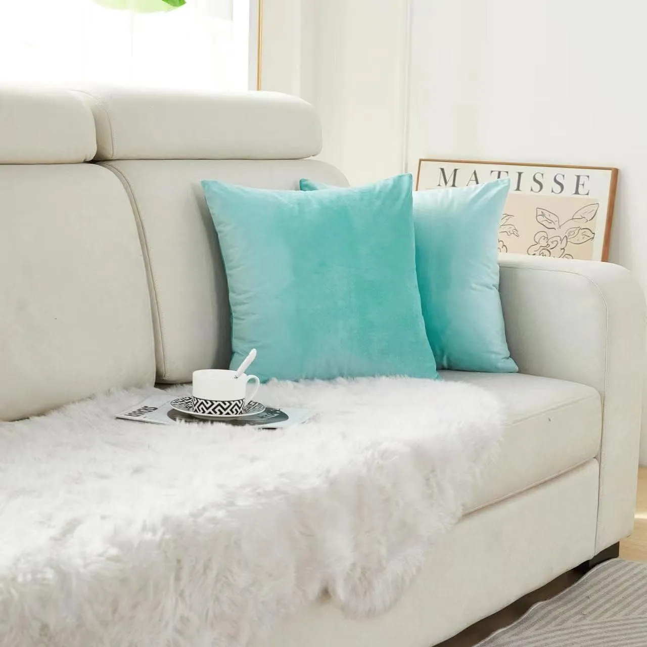 Sunday Praise Aqua Velvet Pillow Covers 20x20 Inch Soft Solid Square Decorative Throw Pillow Cases for Sofa Couch Bed Chair,Pack of 2