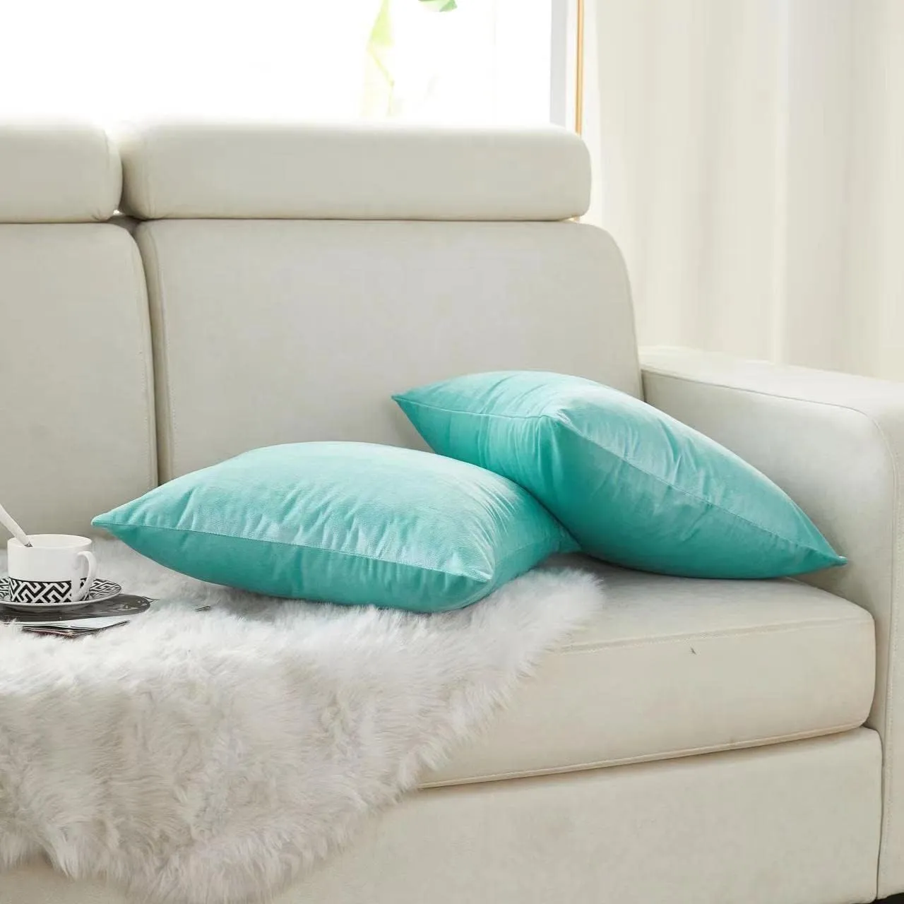 Sunday Praise Aqua Velvet Pillow Covers 20x20 Inch Soft Solid Square Decorative Throw Pillow Cases for Sofa Couch Bed Chair,Pack of 2