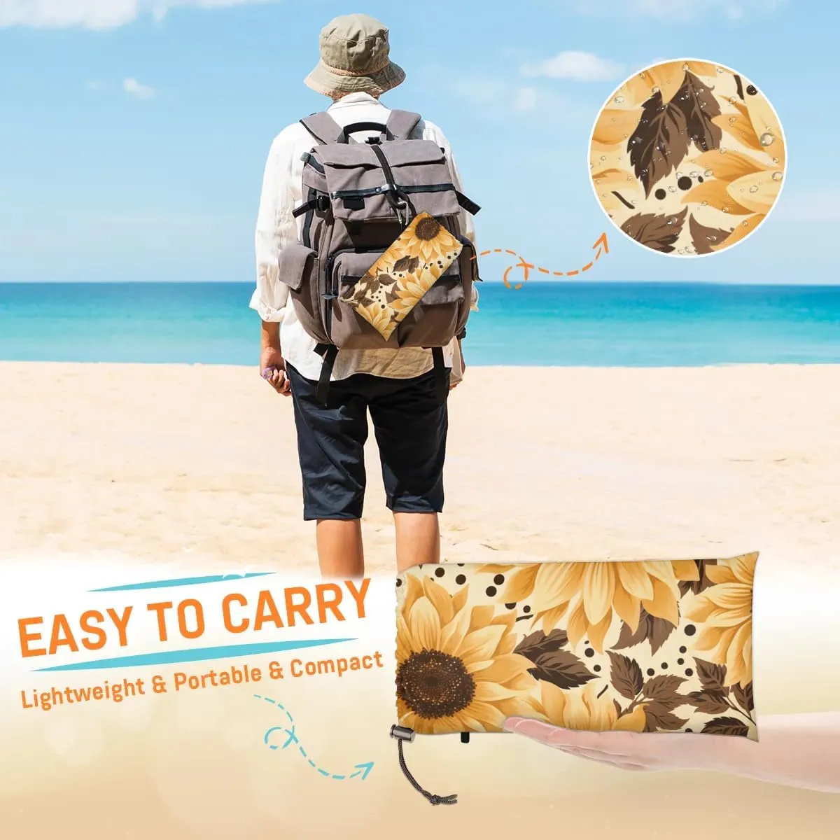 Sunflower Theme Beach Blanket, Sandproof Beach Mat, 68 x 59 Waterproof Quick Drying Sand Free Mat with 4 x Ground Spikes for Outdoor Travel Camping Hiking, Wild Floral