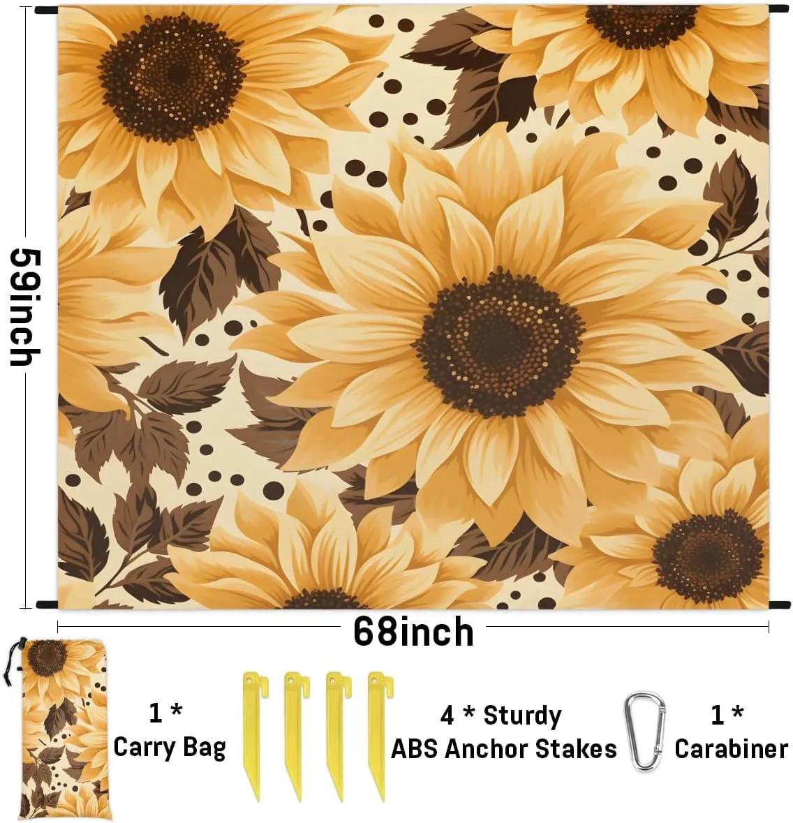 Sunflower Theme Beach Blanket, Sandproof Beach Mat, 68 x 59 Waterproof Quick Drying Sand Free Mat with 4 x Ground Spikes for Outdoor Travel Camping Hiking, Wild Floral
