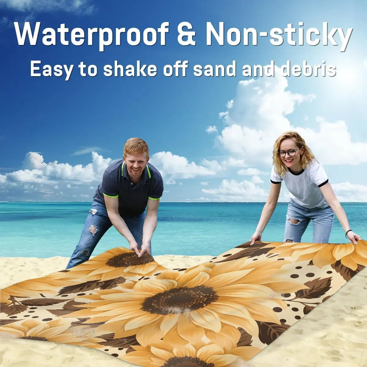 Sunflower Theme Beach Blanket, Sandproof Beach Mat, 68 x 59 Waterproof Quick Drying Sand Free Mat with 4 x Ground Spikes for Outdoor Travel Camping Hiking, Wild Floral