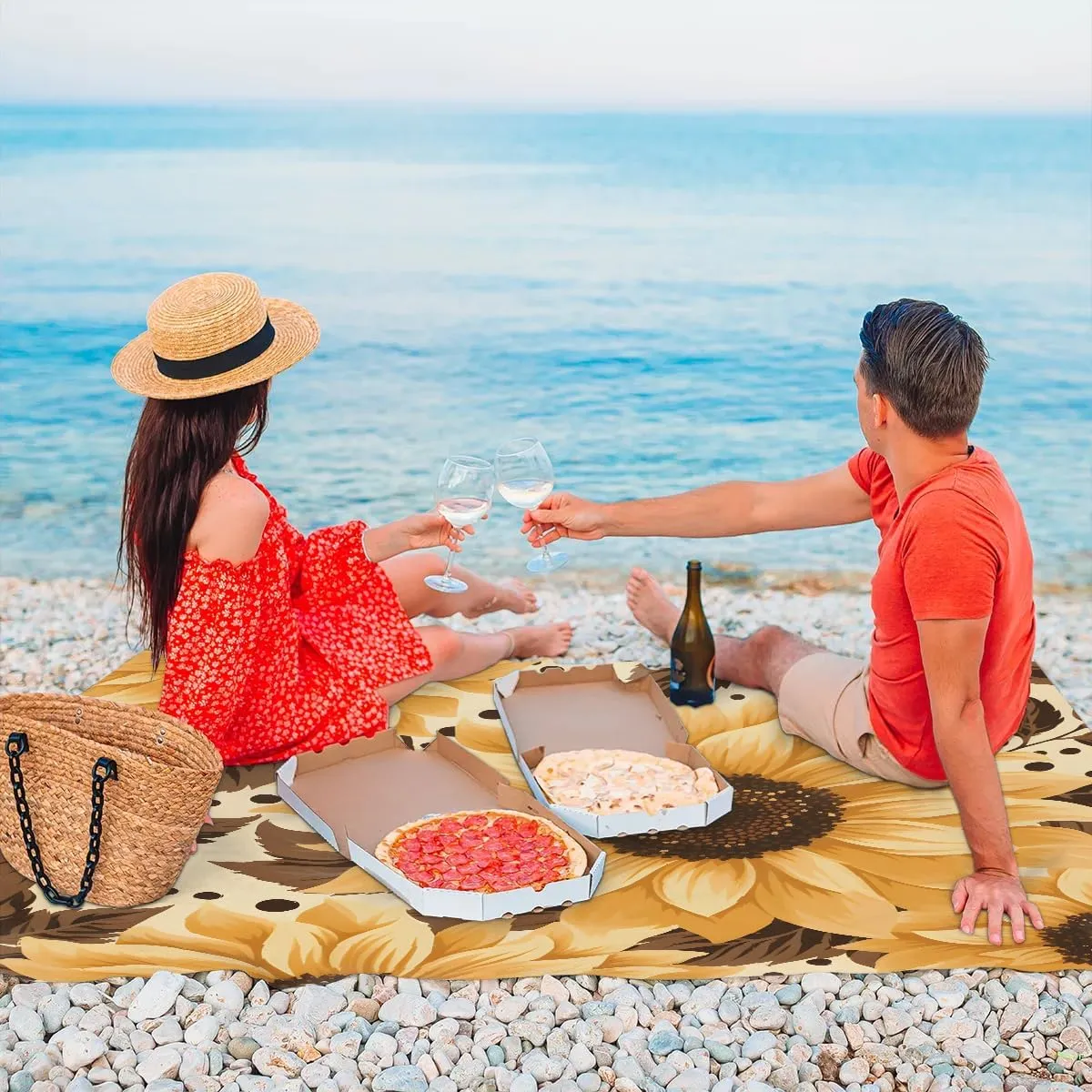 Sunflower Theme Beach Blanket, Sandproof Beach Mat, 68 x 59 Waterproof Quick Drying Sand Free Mat with 4 x Ground Spikes for Outdoor Travel Camping Hiking, Wild Floral